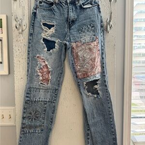 KanCan Blue Patchwork Straight Leg Jeans
